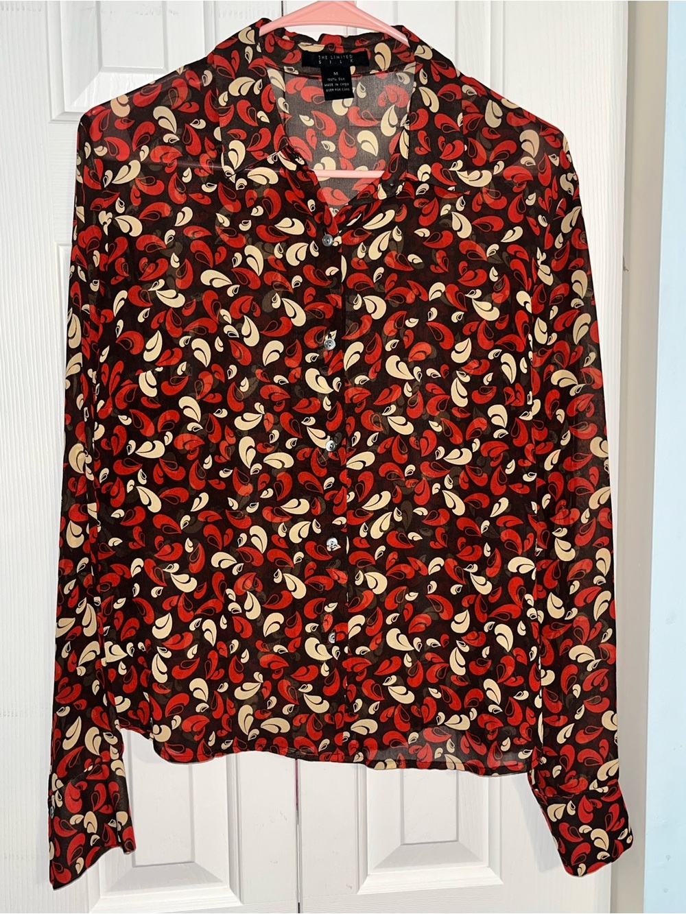 Womens Silk Red & Cream Printed Button-Up Blouse